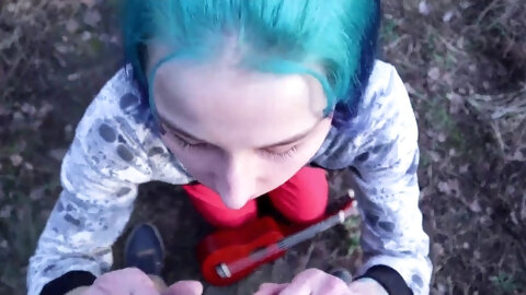 Blue-haired girl pounded in the woods